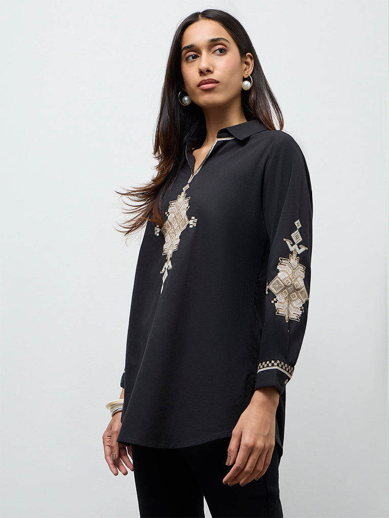 Utsa Black Aztec Embroidered Cotton Tunic
