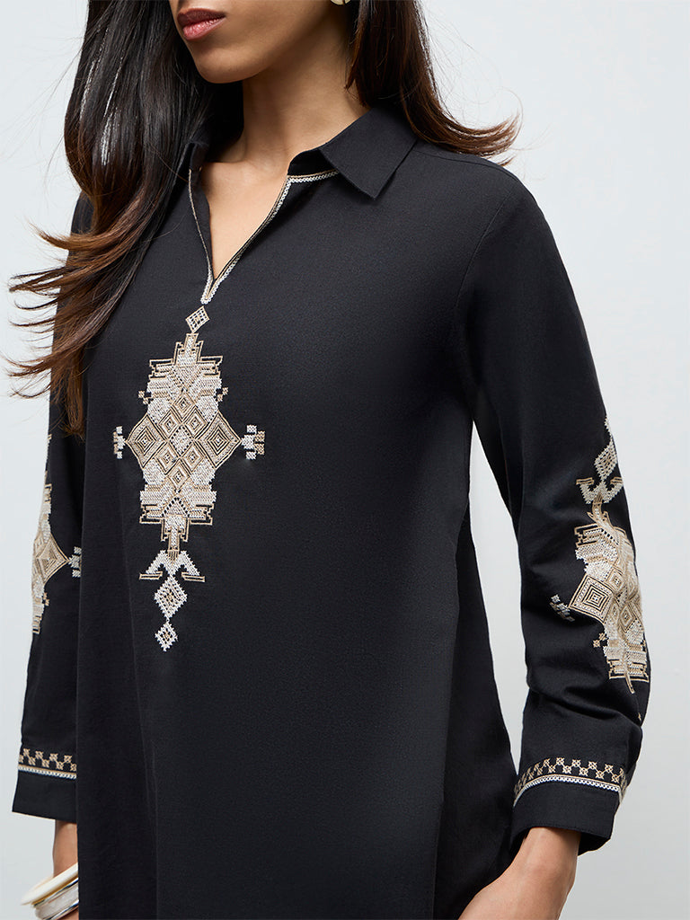 Utsa Black Aztec Embroidered Cotton Tunic