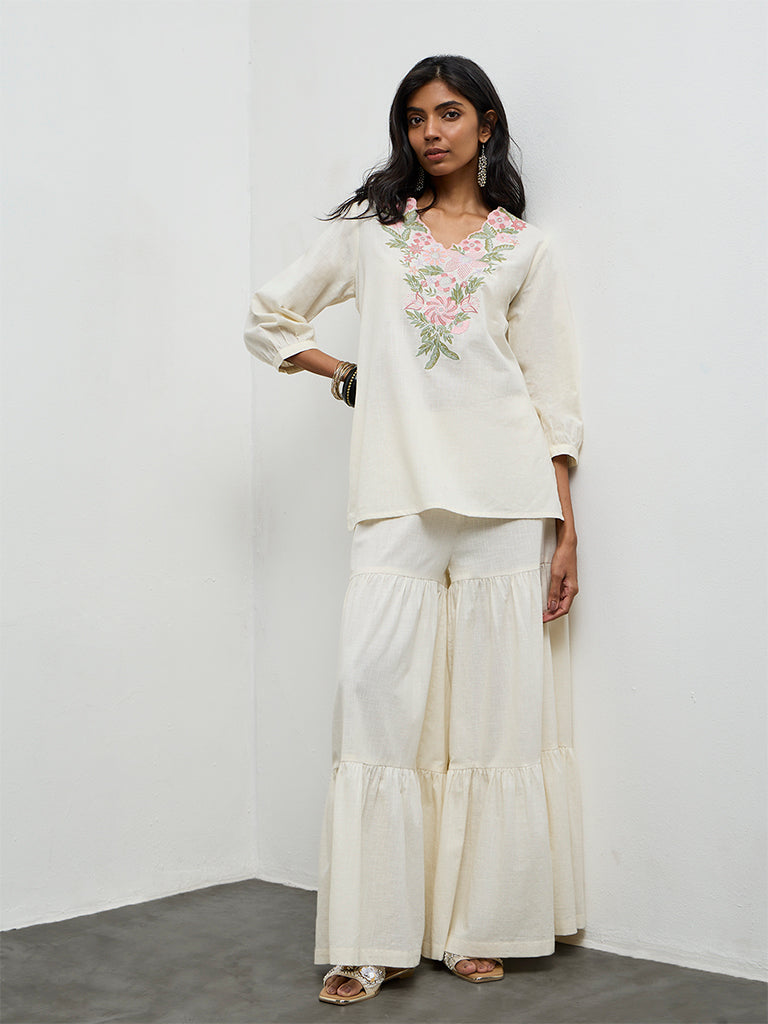 Utsa Off-White Floral Embroidered Cotton Tunic
