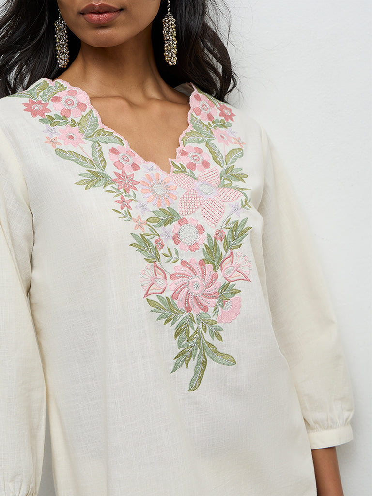 Utsa Off-White Floral Embroidered Cotton Tunic