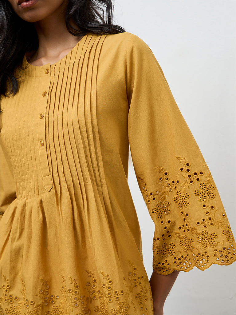Utsa Mustard Schiffli Embroidered Cotton Tunic
