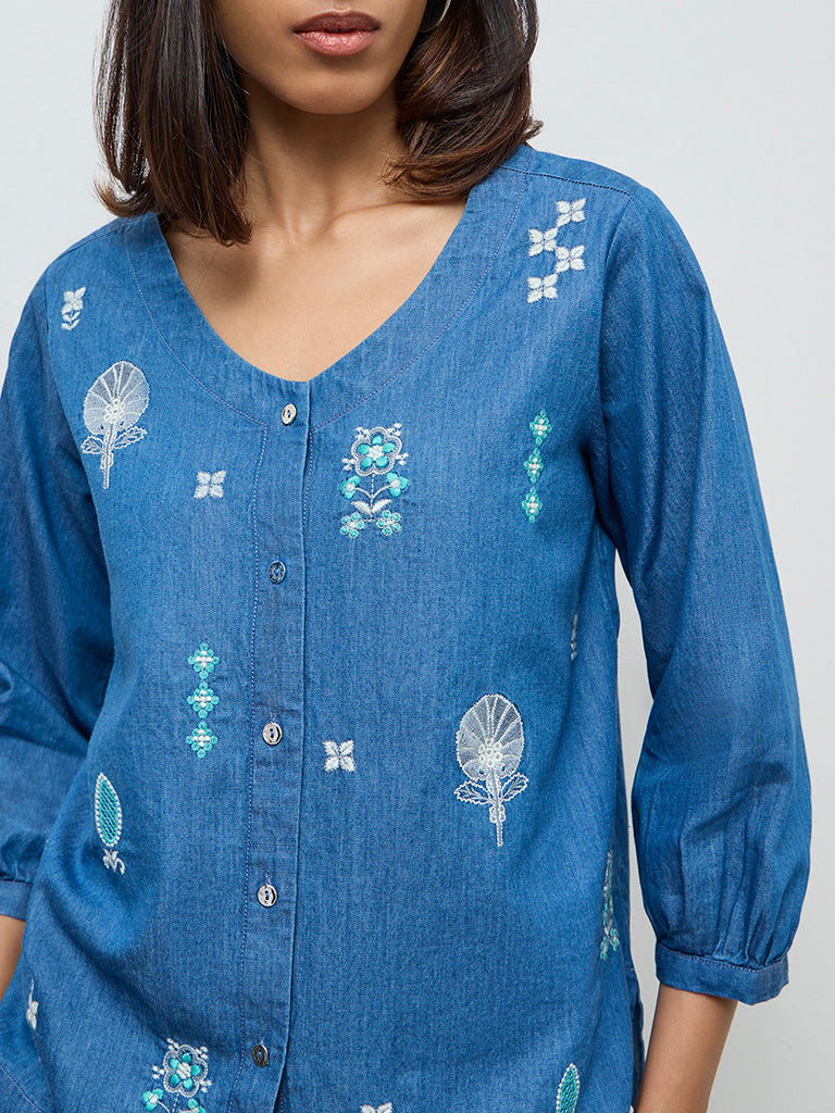 Buy Utsa Blue Embroidered Denim Tunic from Westside
