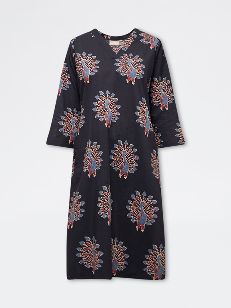 Utsa Black Peacock Design Straight Cotton Kurta