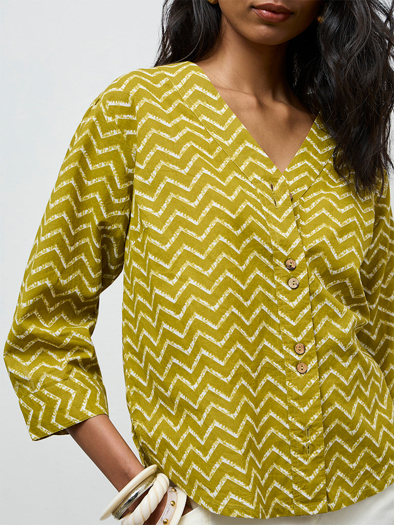 Utsa Olive Chevron Printed Cotton Tunic