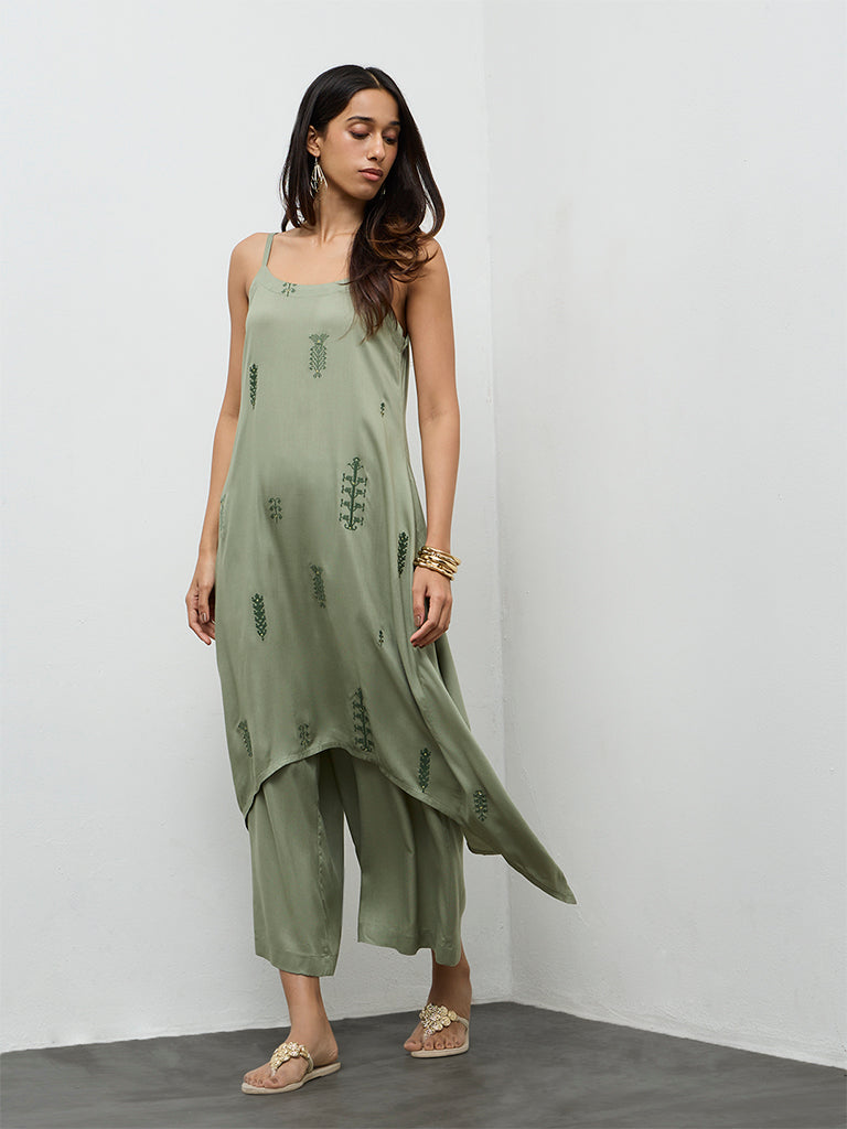 Utsa Olive Embroidered A-Line Kurta