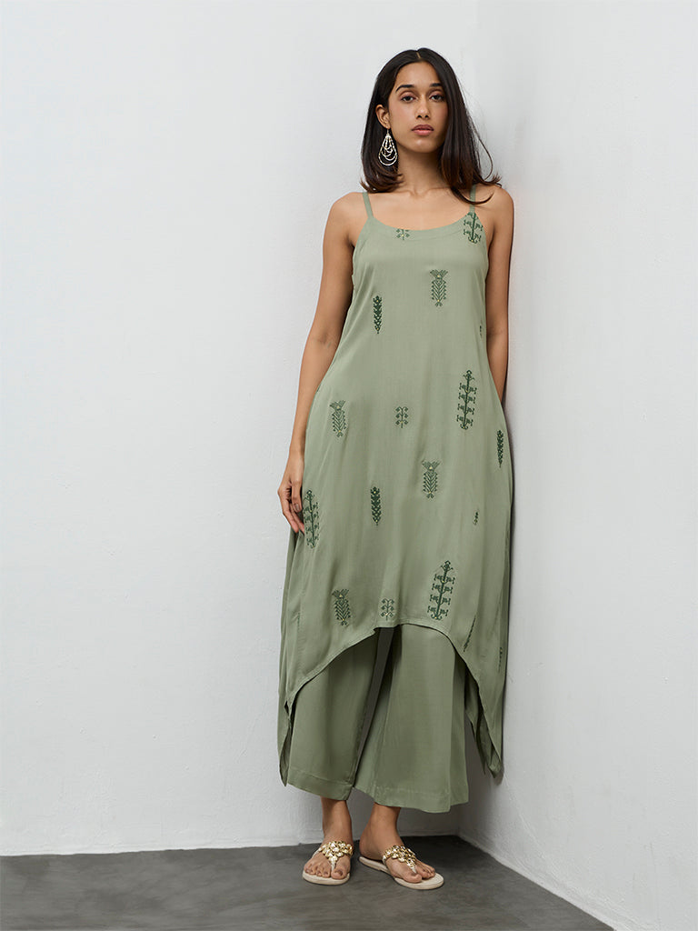 Utsa Olive Embroidered A-Line Kurta