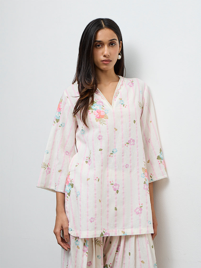 Utsa Off-White Printed Straight Cotton-Blend Kurti