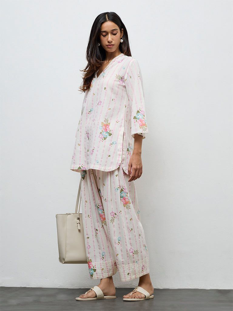 Utsa Off-White Printed Straight Cotton-Blend Kurti
