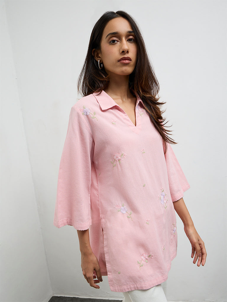 Utsa Pink Floral Embroidered Cotton-Blend Tunic