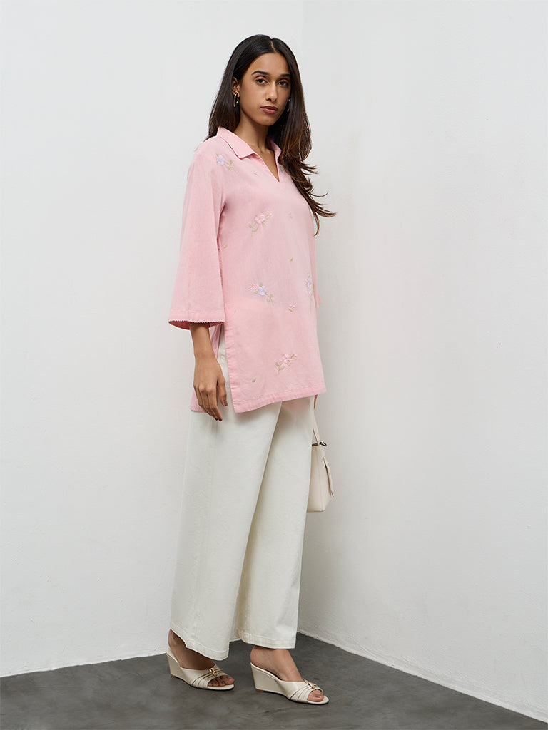 Utsa Pink Floral Embroidered Cotton-Blend Tunic