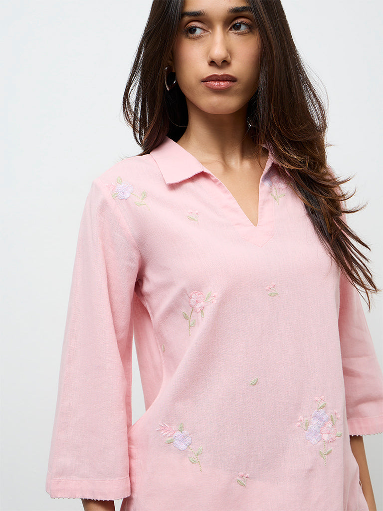 Utsa Pink Floral Embroidered Cotton-Blend Tunic