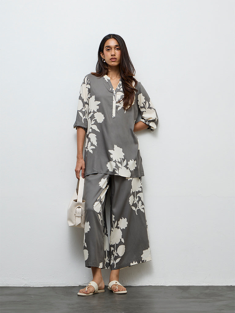 Utsa Grey Floral Pattern Palazzos