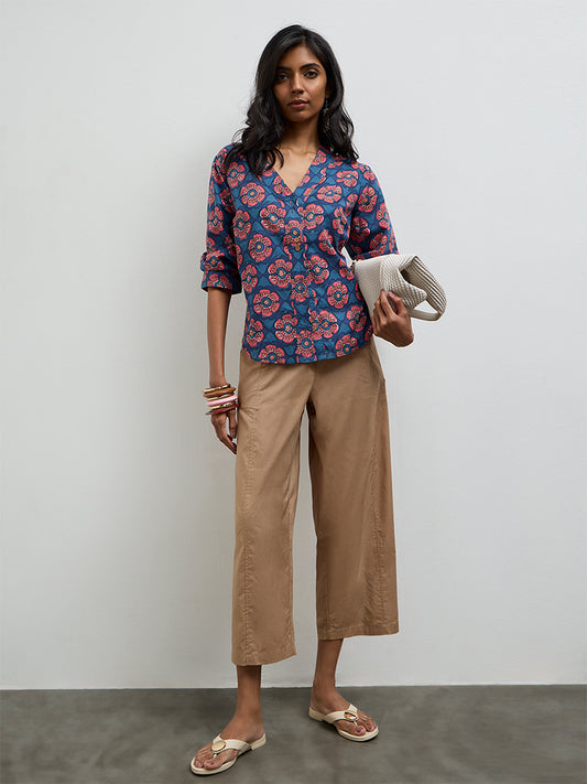 Utsa Beige Solid Cotton Pants