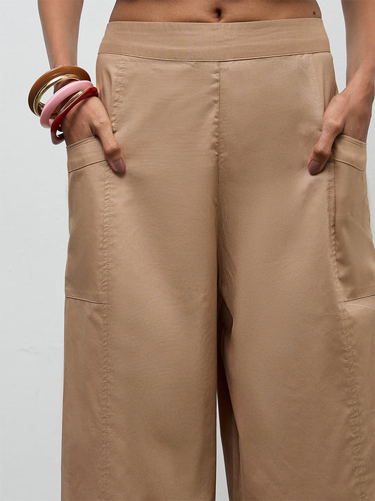 Utsa Beige Solid Cotton Pants