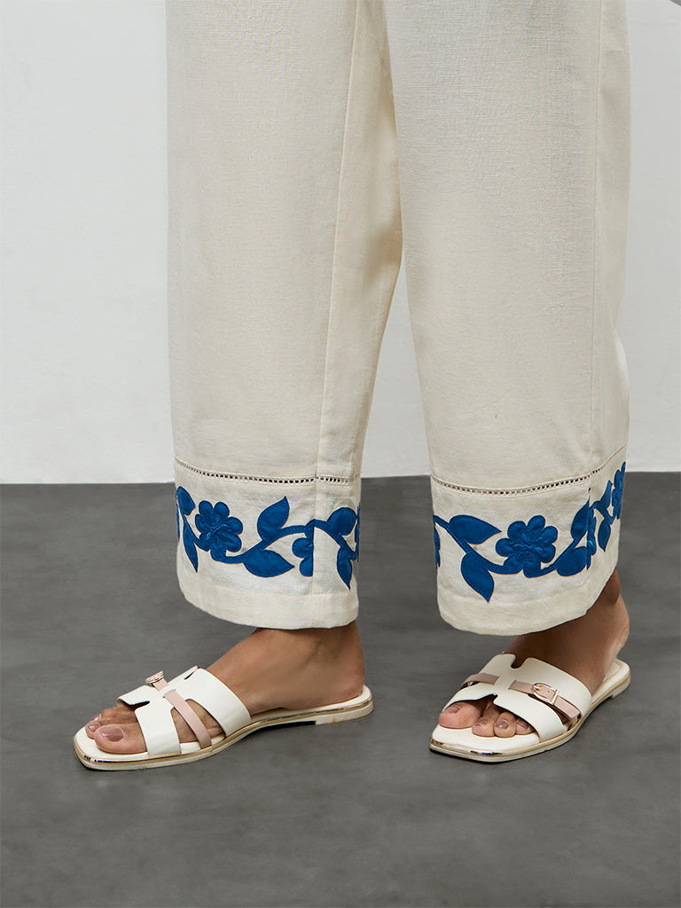 Utsa Off-White Floral Embroidered Cotton-Blend Pants
