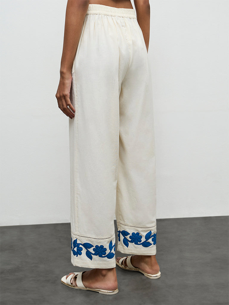 Utsa Off-White Floral Embroidered Cotton-Blend Pants