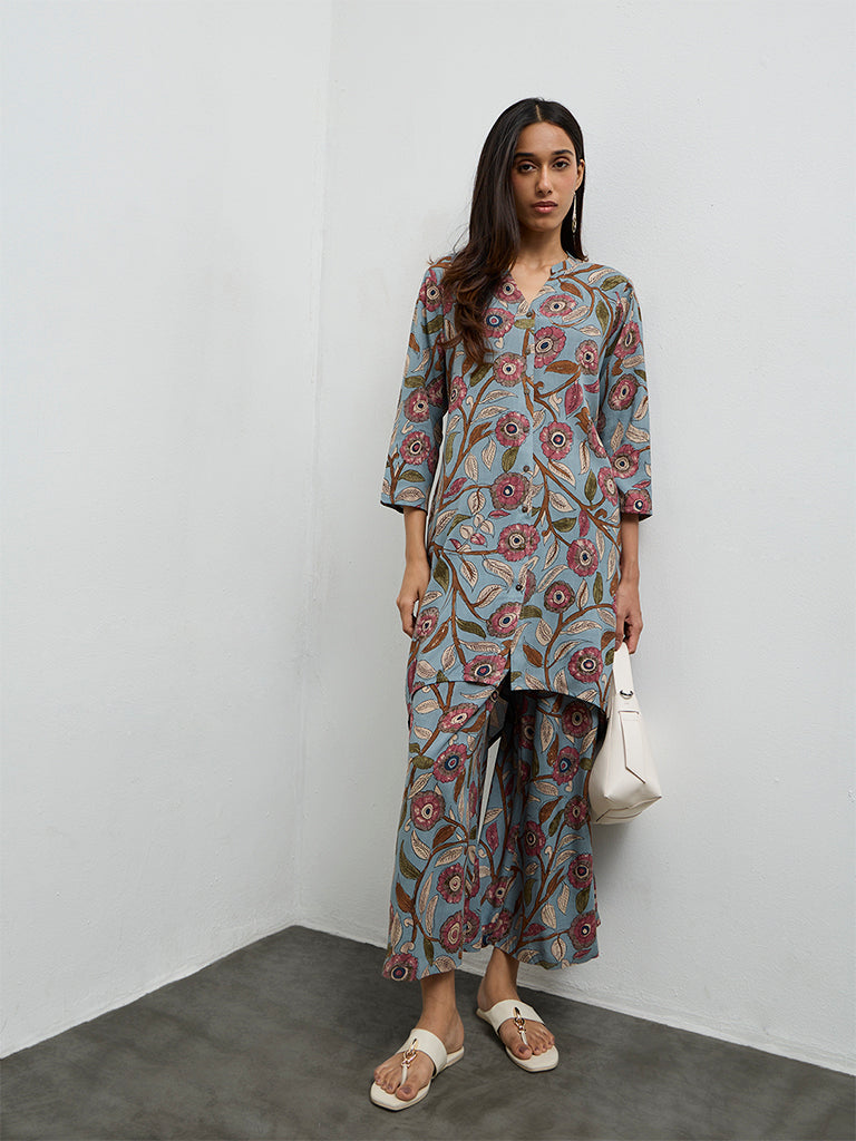 Utsa Dusty Blue Foliage Pattern Palazzos