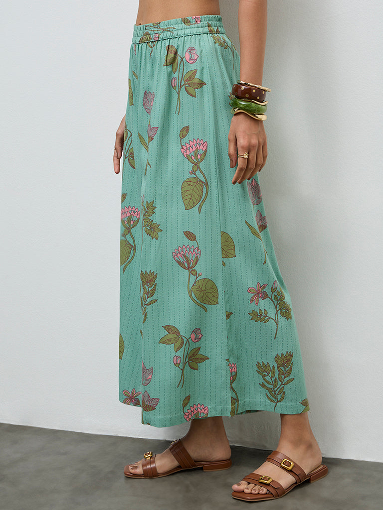 Utsa Aqua Foliage Pattern Palazzos