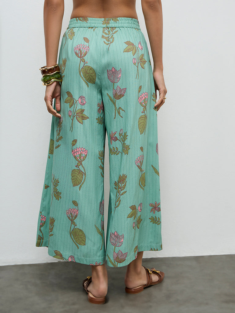 Utsa Aqua Foliage Pattern Palazzos