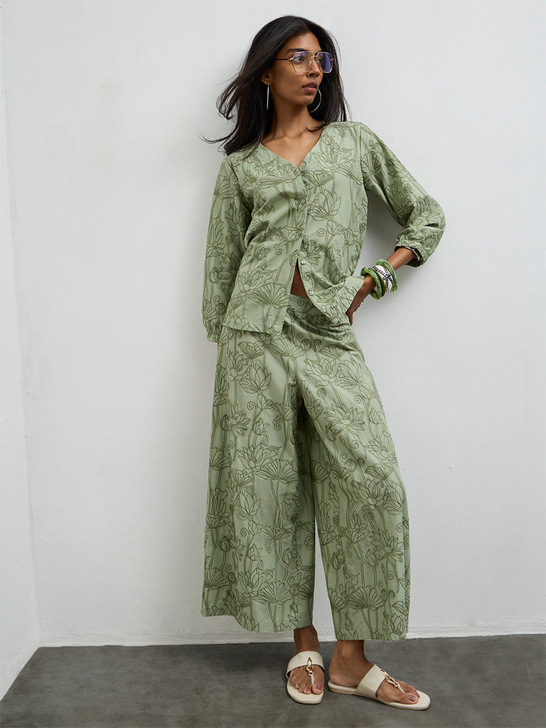 Utsa Sage Floral Embroidered Cotton Pants
