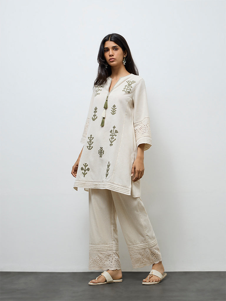 Utsa Off-White Eyelet Embroidered Cotton Pants