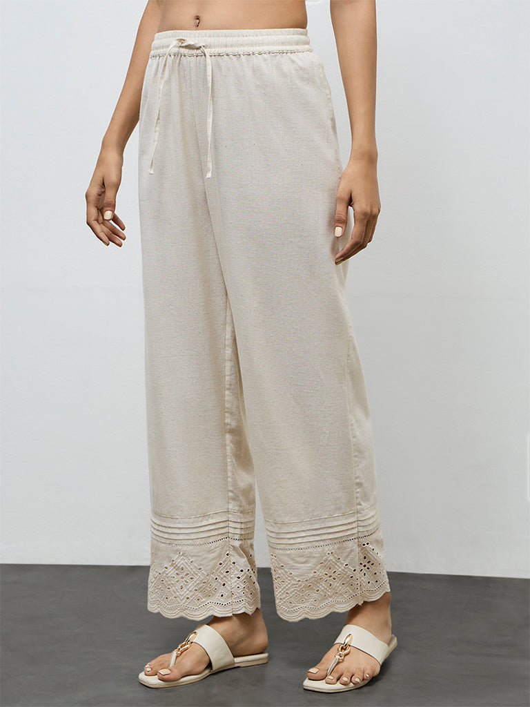 Utsa Off-White Eyelet Embroidered Cotton Pants