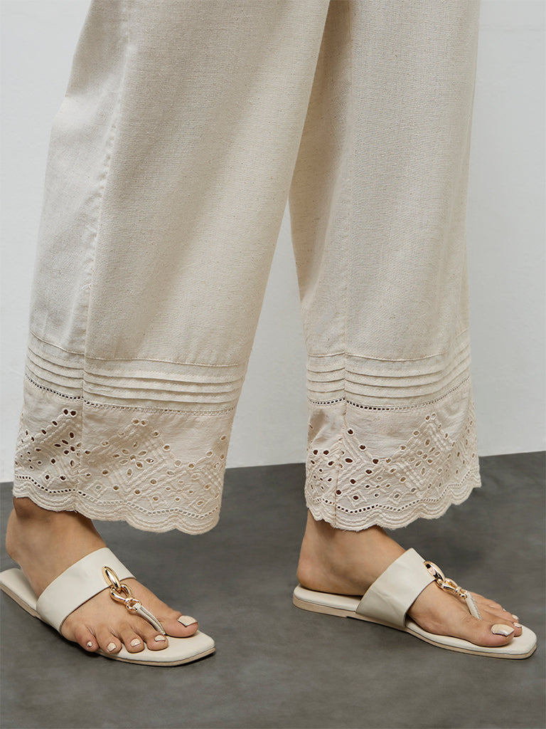 Utsa Off-White Eyelet Embroidered Cotton Pants