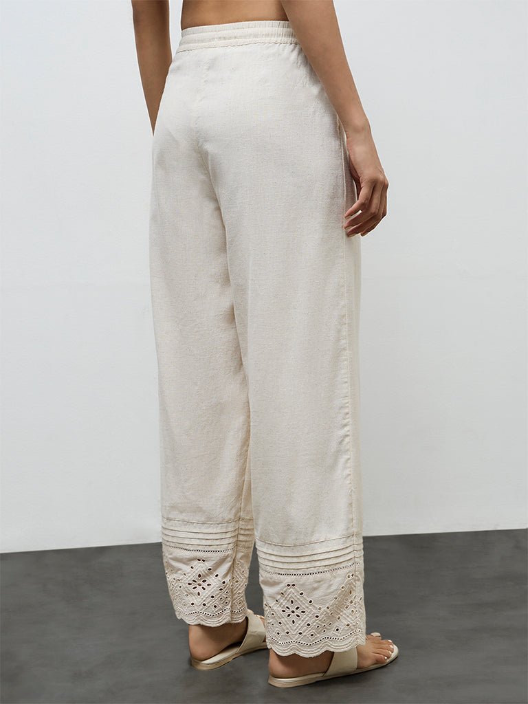 Utsa Off-White Eyelet Embroidered Cotton Pants