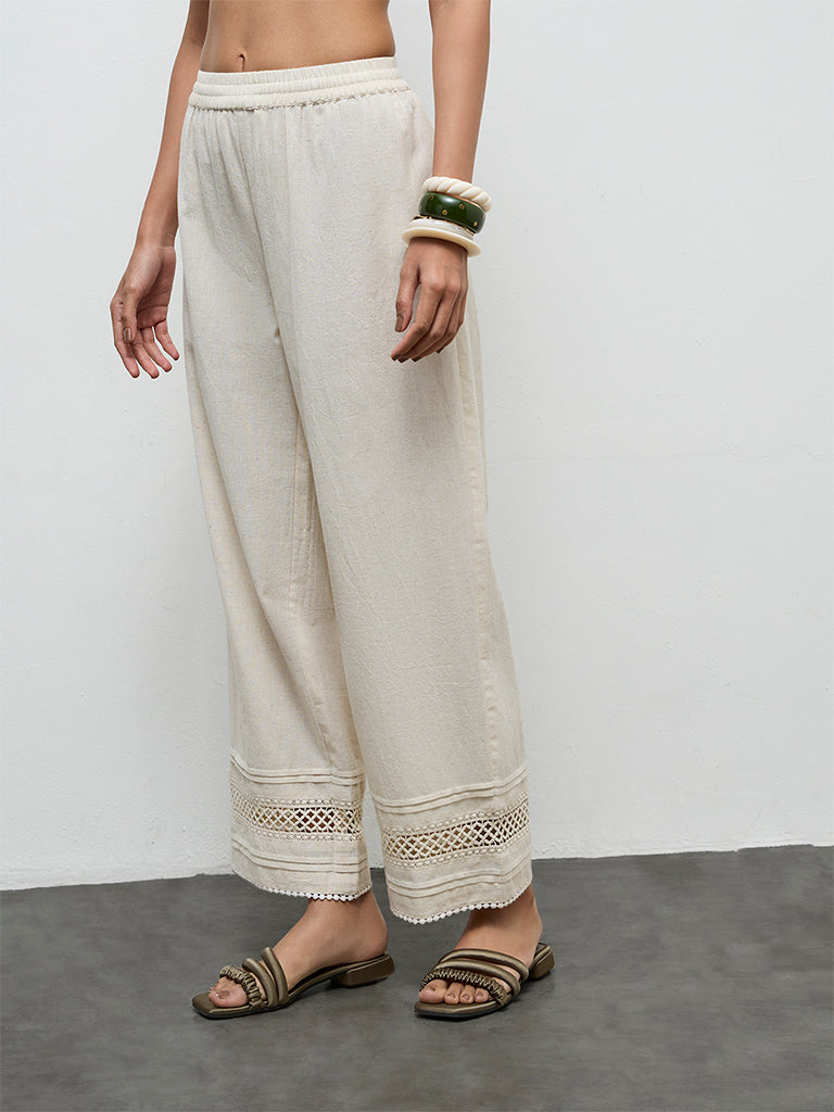 Utsa Off-White Lace Design Cotton-Blend Pants