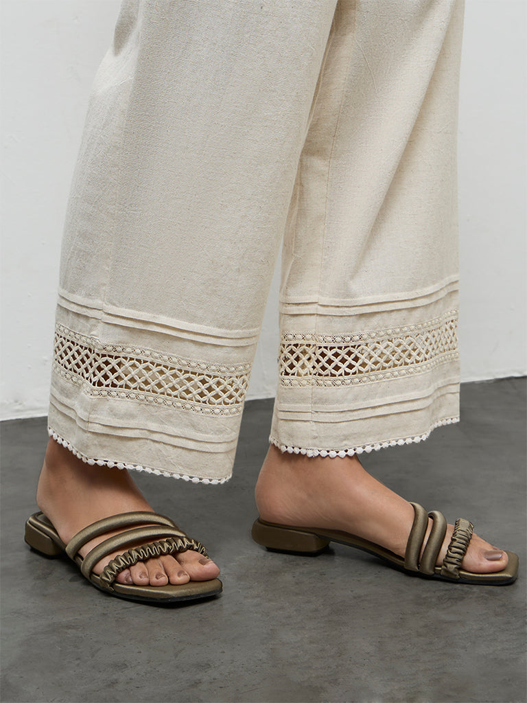 Utsa Off-White Lace Design Cotton-Blend Pants