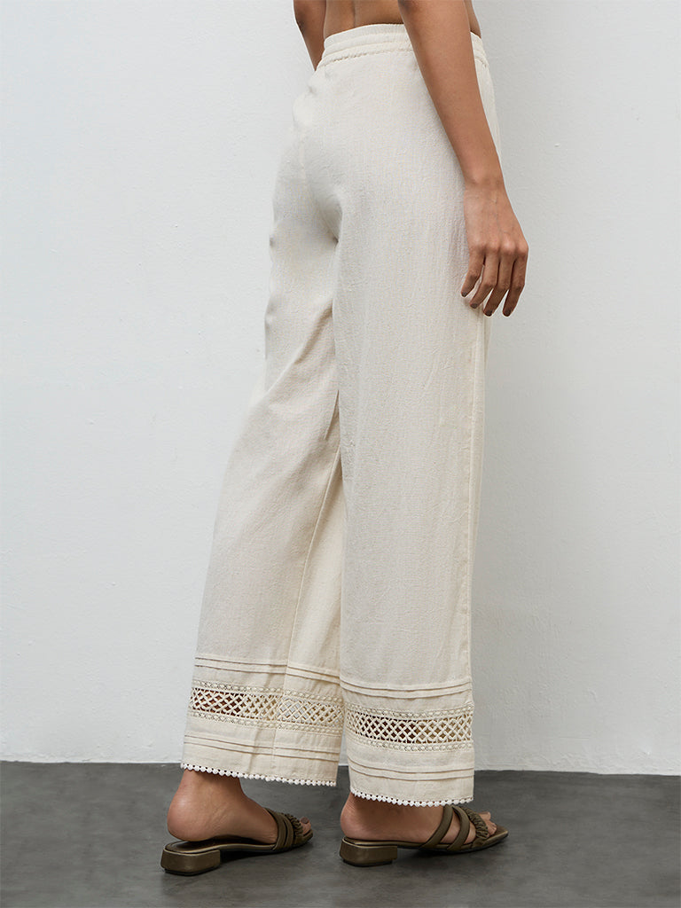 Utsa Off-White Lace Design Cotton-Blend Pants