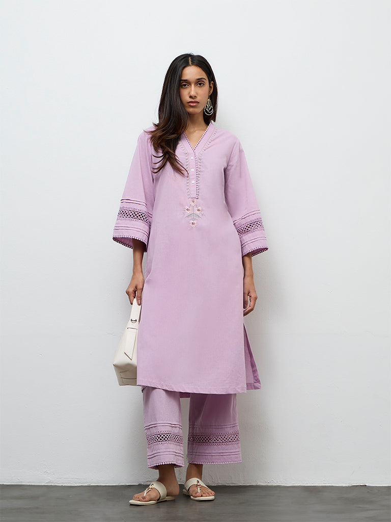 Utsa Lilac Crochet Detailed Cotton-Blend Pants