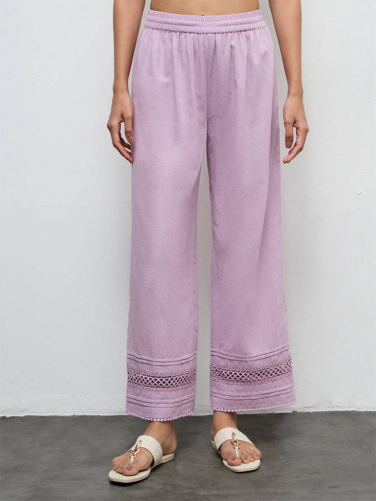 Utsa Lilac Crochet Detailed Cotton-Blend Pants
