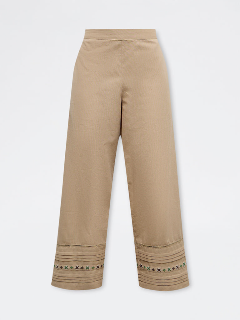 Utsa Beige Pintuck Detailed Cotton-Blend Ethnic Pants