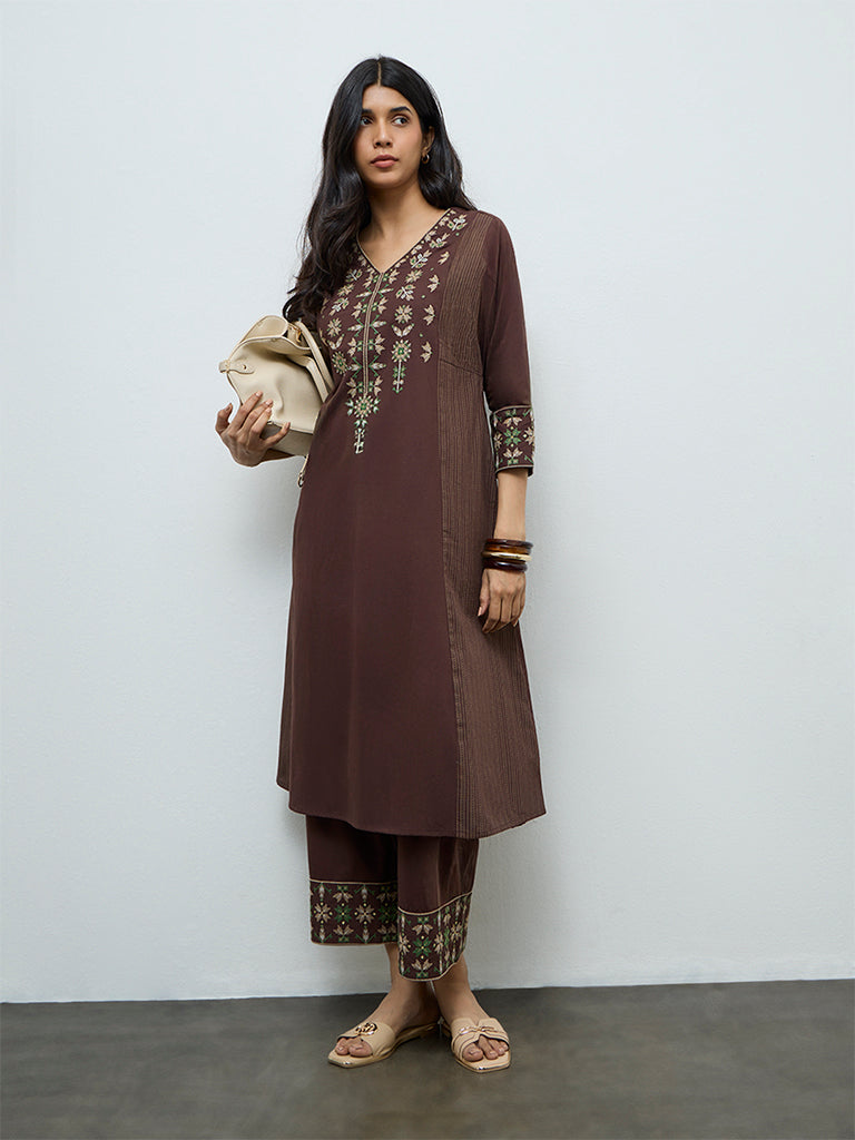 Utsa Dark Brown Aztec Embroidered Cotton-Blend Pants