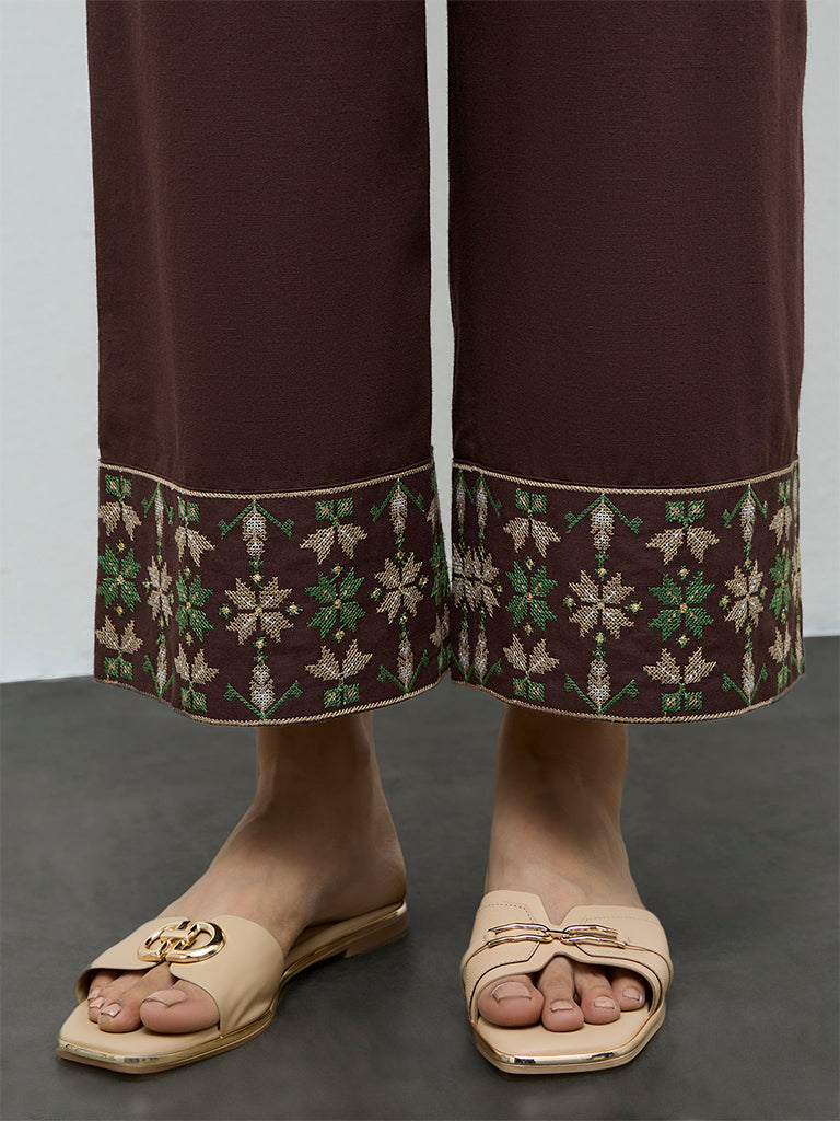 Utsa Dark Brown Aztec Embroidered Cotton-Blend Pants