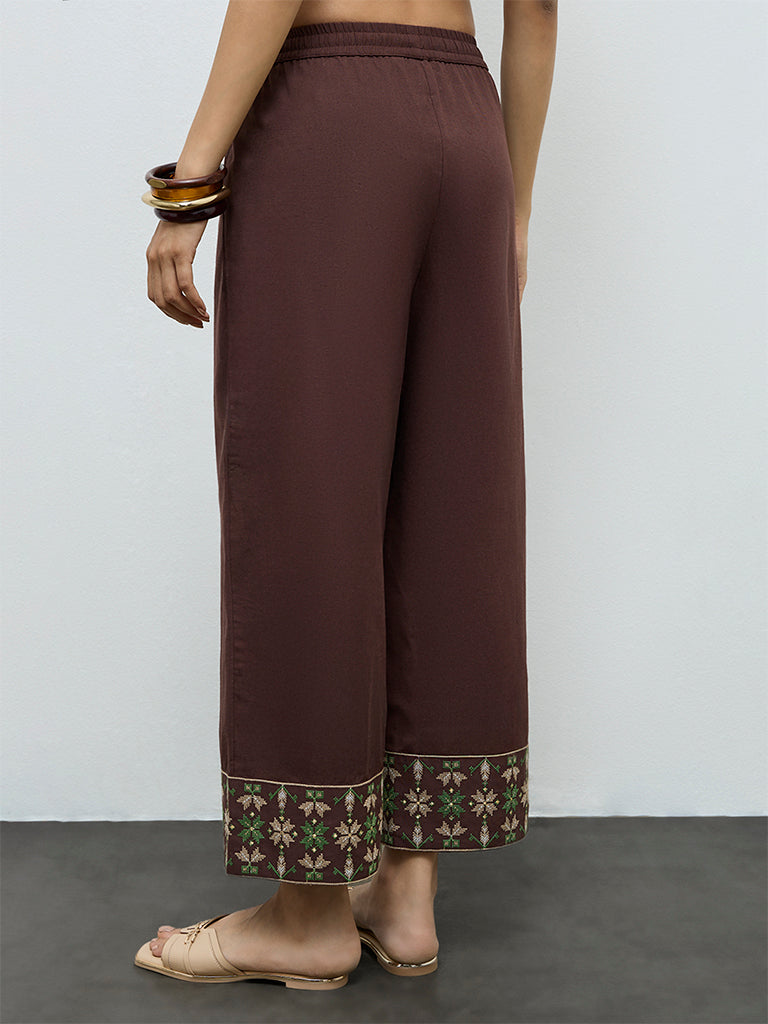 Utsa Dark Brown Aztec Embroidered Cotton-Blend Pants