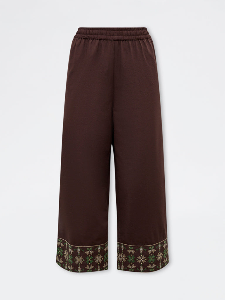 Utsa Dark Brown Aztec Embroidered Cotton-Blend Pants