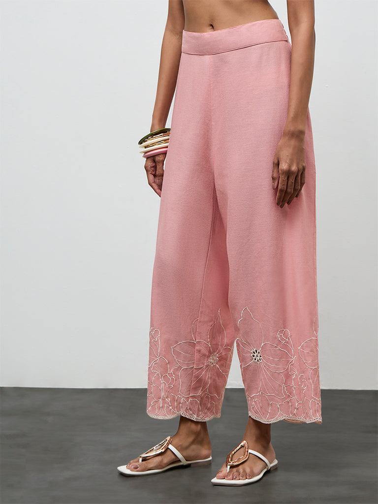 Utsa Pink Floral Embroidered Cotton-Blend Pants