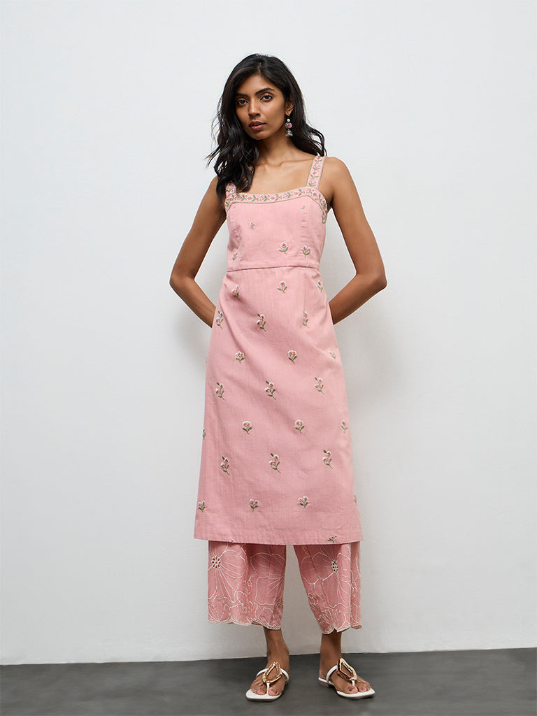 Utsa Pink Floral Embroidered Cotton-Blend Pants