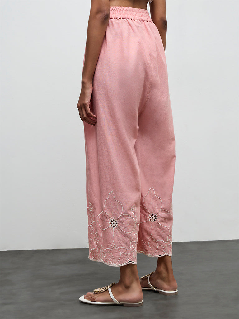 Utsa Pink Floral Embroidered Cotton-Blend Pants
