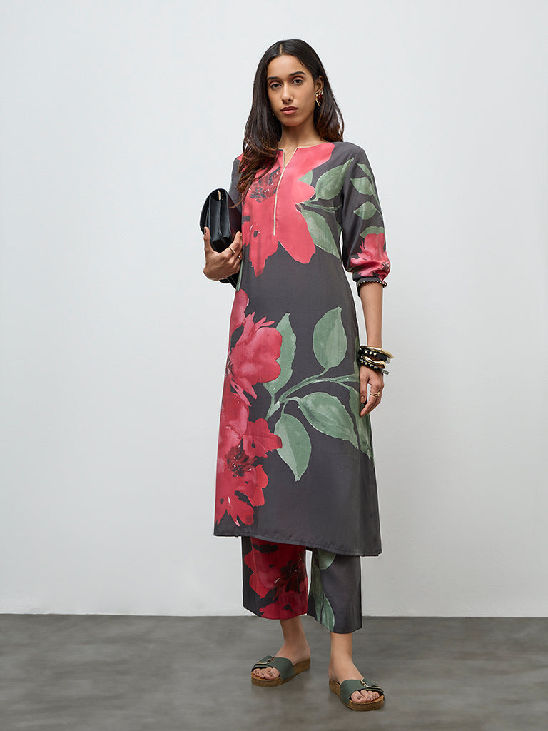 Utsa Charcoal Floral Design Pants