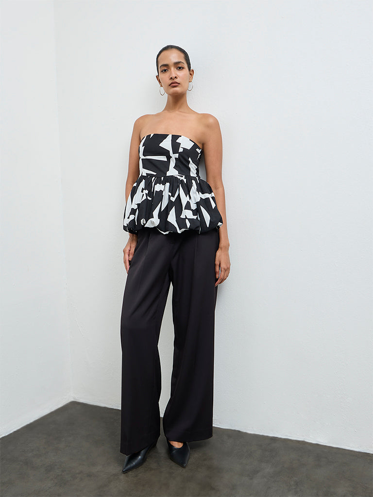 Wardrobe Black Printed Cotton Peplum Top