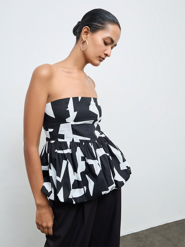 Wardrobe Black Printed Cotton Peplum Top