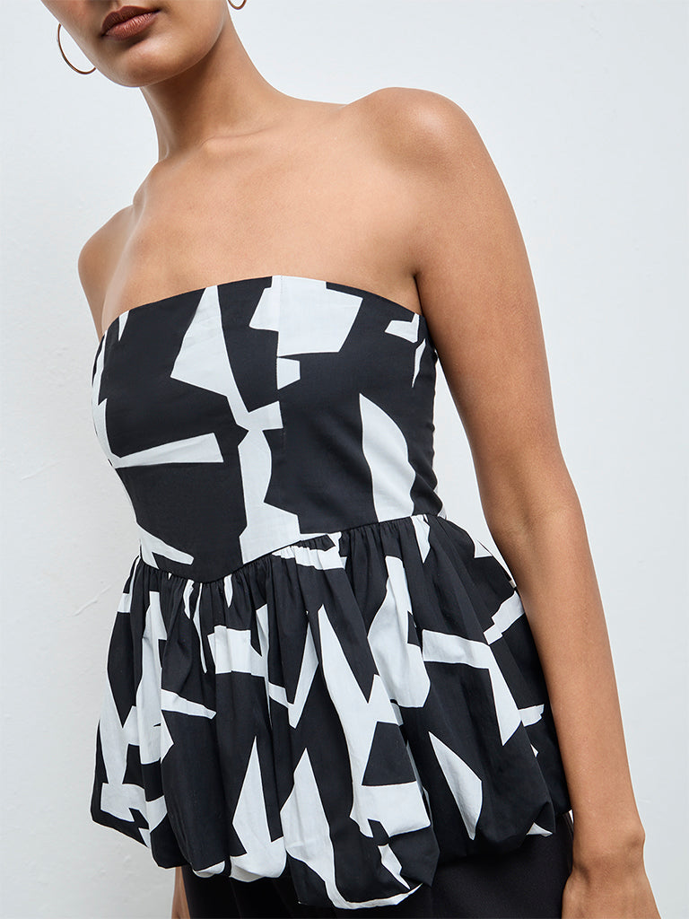 Wardrobe Black Printed Cotton Peplum Top