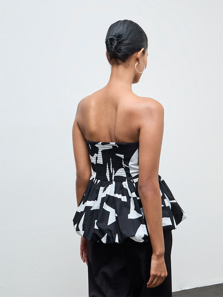 Wardrobe Black Printed Cotton Peplum Top