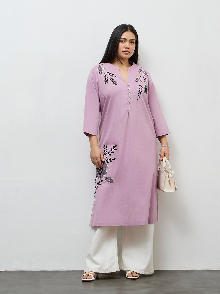 Diza Lilac Floral Embroidered A-Line Kurta