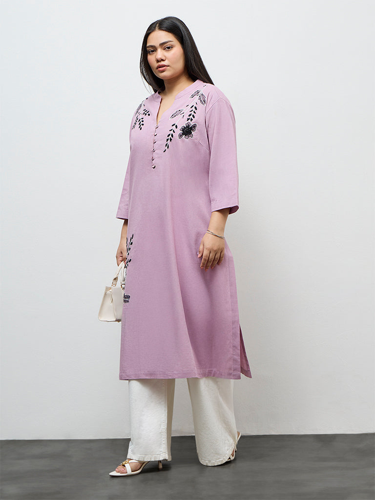 Diza Lilac Floral Embroidered A-Line Kurta