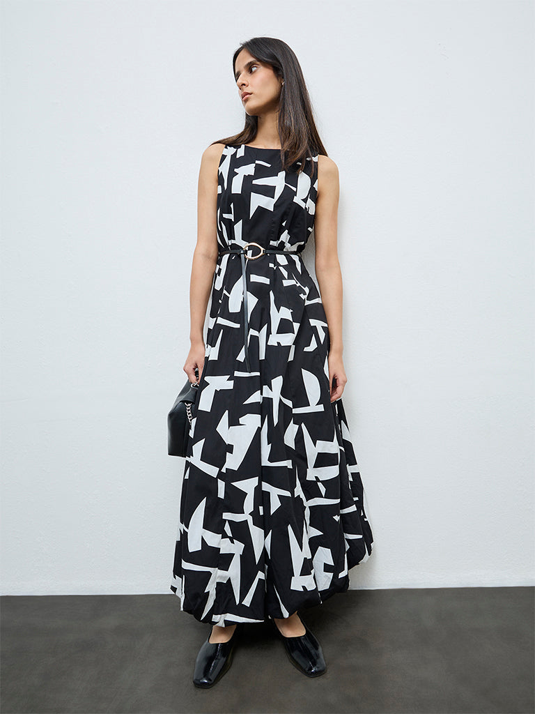 Wardrobe Black Abstract Cotton A-Line Dress with Belt