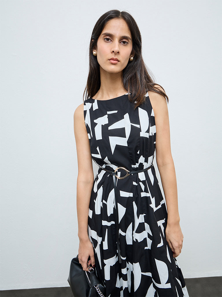 Wardrobe Black Abstract Cotton A-Line Dress with Belt